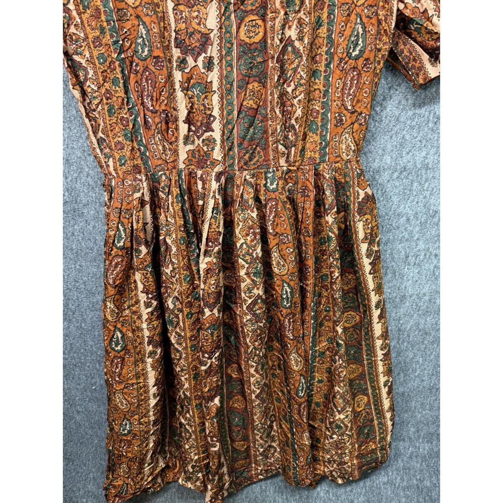 Boho‎ Paisley Dress Womens Medium Brown Orange Green Button Front Short Sleeve - Picture 11 of 12